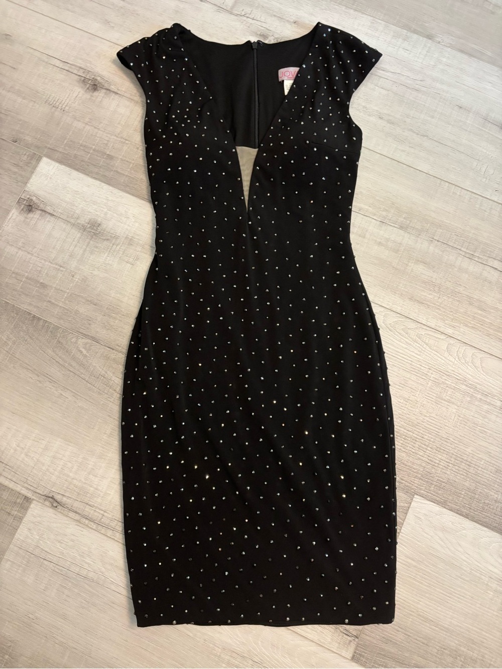 Jovani Black Rhinestone Embellished Sheath Cocktail Dress Size 2 Plunge Neck